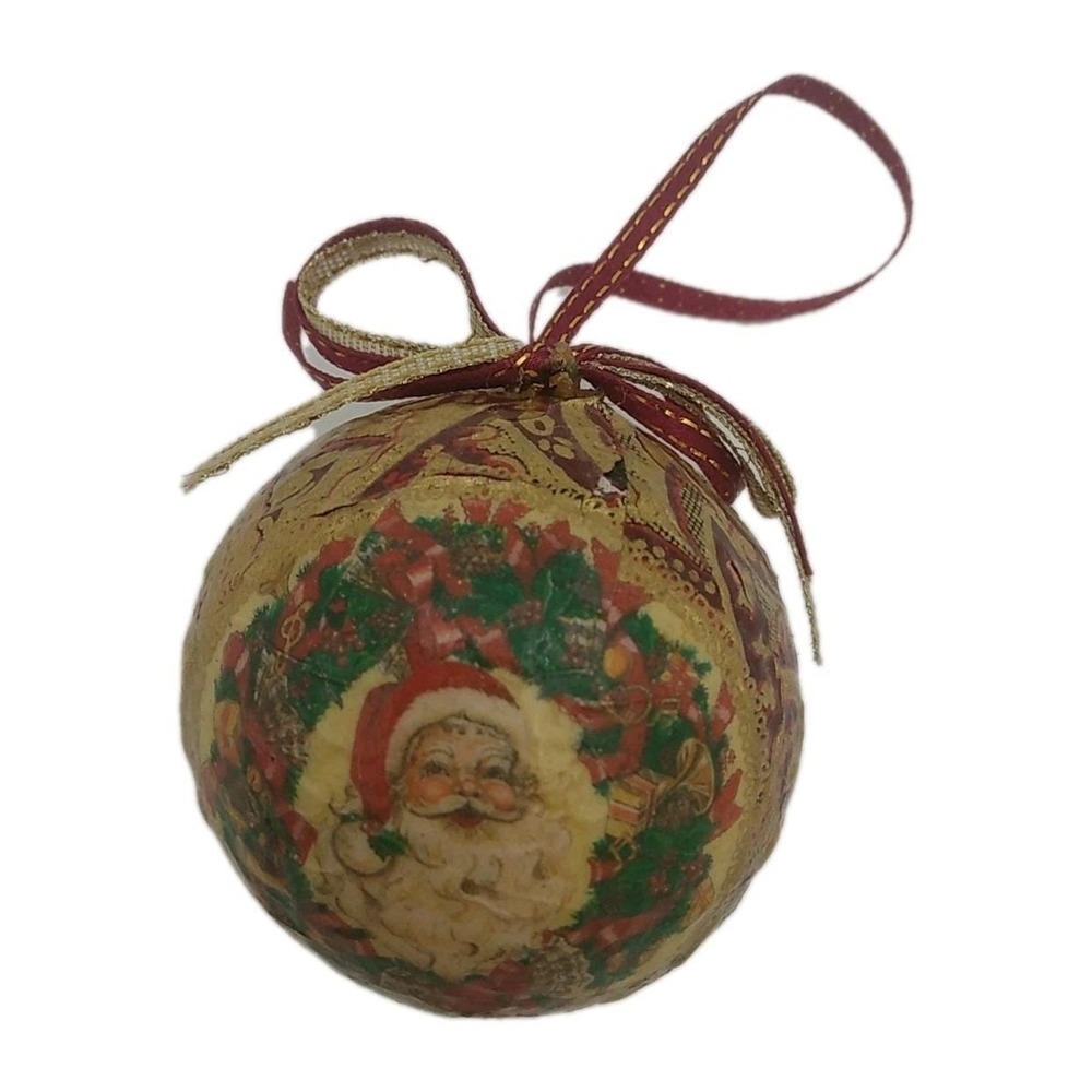 Vintage Decoupage Style Santa Ball Ornament 2.25"